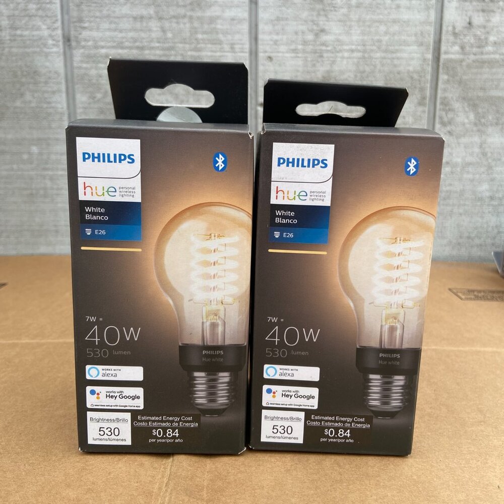 Philips Hue White Dimmable Filament A19/E26 Smart Edison LED 40 Watt Bulb x2